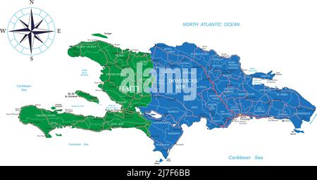 Sehr detaillierte Vektorkarte der Dominikanischen Republik und Haiti mit Verwaltungsregionen, Hauptstädten und Straßen. Stock Vektor