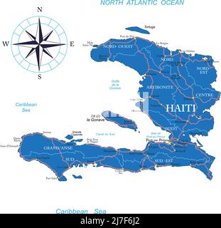 Hochdetaillierte Vektorkarte von Haiti mit Verwaltungsregionen, Hauptstädten und Straßen. Stock Vektor