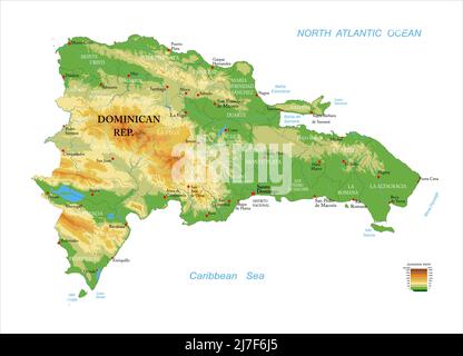 Sehr detaillierte physische Karte der Dominikanischen Republik, im Vektorformat, mit allen Reliefformen, Regionen und großen Städten. Stock Vektor