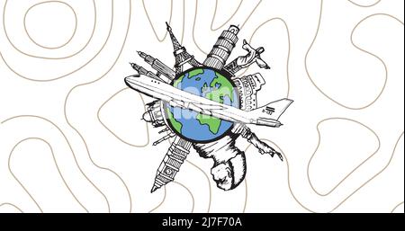 Illustration von Flugzeug mit Globus und berühmten Orten mit Kritzeleien auf weißem Hintergrund, kopieren Raum Stockfoto