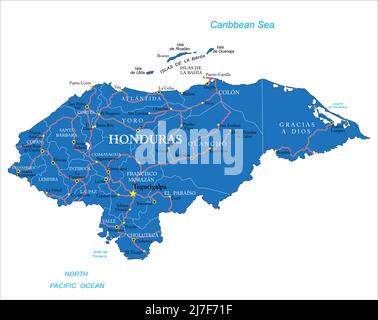 Sehr detaillierte Vektorkarte von Honduras mit Verwaltungsregionen, Hauptstädten und Straßen Stock Vektor