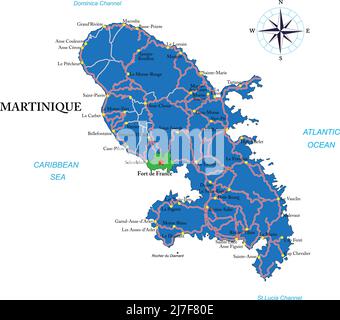 Sehr detaillierte Vektorkarte von Martinique mit Verwaltungsregionen, Hauptstädten und Straßen. Stock Vektor