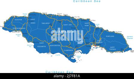 Hochdetaillierte Vektorkarte von Jamaika mit Verwaltungsregionen, Hauptstädten und Straßen. Stock Vektor