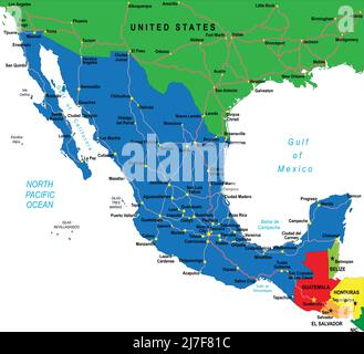 Mexiko sehr detaillierte Karte mit den wichtigsten Städten, Regionen und Straßen. Stock Vektor
