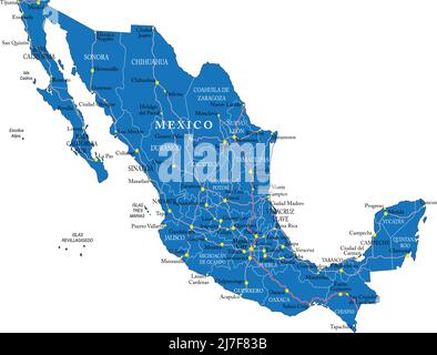 Mexiko sehr detaillierte Karte mit den wichtigsten Städten, Regionen und Straßen. Stock Vektor