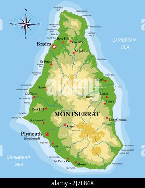 Sehr detaillierte physische Karte der Insel Montserrat, im Vektorformat, mit allen Reliefformen, Regionen und großen Städten. Stock Vektor