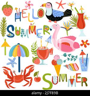 Set aus niedlichen Elementen, aufblasbarem Flamingo-Spielzeug, tropischen Blättern, Früchten, Cocktails, Krabben und andere. Hello Summer Lettering perfekt für Postkarte, Scrapbooking, Strandparty. Vektor. Stock Vektor