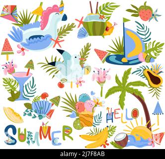 Set von niedlichen Sommer Kompositionen, aufblasbares Einhorn-Spielzeug, tropische Blätter, Obst, Cocktails, Palm und andere. Hallo Sommerschrift, heiße Jahreszeit. Vektorgrafik Stock Vektor
