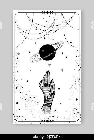 Tarot-Karte weibliche Hand mit Tattoo und Planet, schwarze Handzeichnung auf weißem Hintergrund mit Sternen. Magische Karte, Boho-Design, Tattoo. Mystischer Vektor krank Stock Vektor