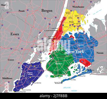 Detailreiche Vektorkarte von New York City mit den fünf Stadtbezirken, der Metropolregion und den Hauptstraßen. Stock Vektor