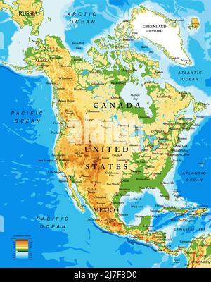 Hochdetaillierte physische Karte von Nordamerika, im Vektorformat, mit allen Reliefformen, Ländern und großen Städten. Stock Vektor