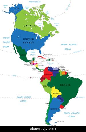 Detaillierte Vektorkarte von Nord- und Südamerika mit vollständig anpassbaren Ländern. Stock Vektor