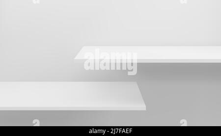 Lange 3D leere leere Holzregale mockup an der Wand. Vorlage für die Organisation von Geschäftsbüchern und Magazinen für Merchandising und Marketing. Vektorbücher Stock Vektor