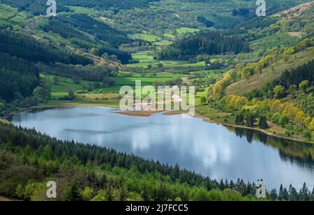 Blick hinunter auf die obere Hälfte des Talybont Reservoir and Valley an einem sonnigen Maifeiertag im Brecon Beacons National Park Stockfoto