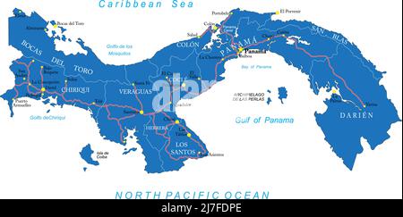 Sehr detaillierte Vektorkarte von Panama mit Verwaltungsregionen, Hauptstädten und Straßen. Stock Vektor