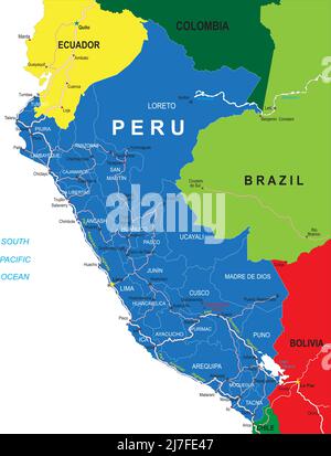 Peru sehr detaillierte Vektorkarte mit Verwaltungsregionen, Hauptstädten und Straßen. Stock Vektor