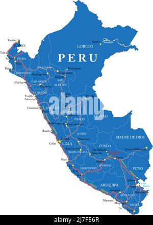 Sehr detaillierte Vektorkarte von Peru mit Verwaltungsregionen, Hauptstädten und Straßen. Stock Vektor