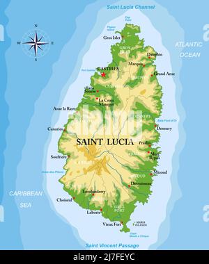 Sehr detaillierte physische Karte der Insel St. Lucia, im Vektorformat, mit allen Reliefformen, Regionen und großen Städten. Stock Vektor