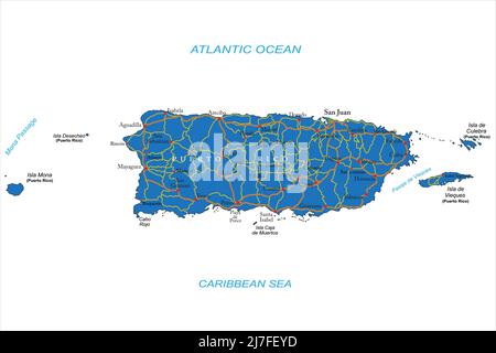 Sehr detaillierte Vektorkarte von Puerto Rico mit Verwaltungsregionen, Hauptstädten und Straßen. Stock Vektor