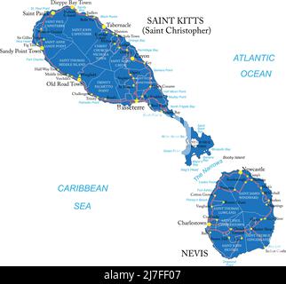 Hochdetaillierte Vektorkarte von St. Kitts und Nevis mit Verwaltungsgebieten, Hauptstädten und Straßen. Stock Vektor