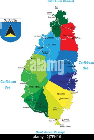 Detailreiche Vektorkarte der karibischen Insel Saint Lucia mit den wichtigsten Städten, Regionen und Straßen. Stock Vektor