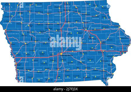 Detaillierte Karte des Staates Iowa, im Vektorformat, mit Kreisgrenzen, Straßen und großen Städten. Stock Vektor