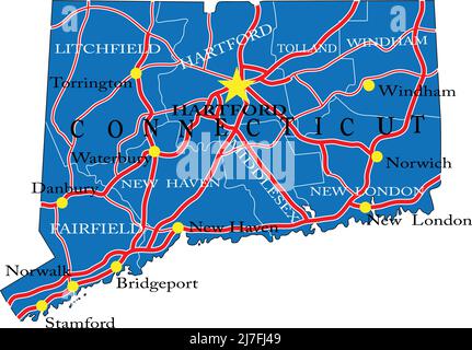 Detaillierte Karte des Staates Connecticut, im Vektorformat, mit Landesgrenzen, Straßen und großen Städten. Stock Vektor