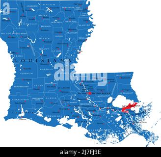 Detaillierte Karte des Staates Louisiana, im Vektorformat, mit Landesgrenzen und großen Städten. Stock Vektor