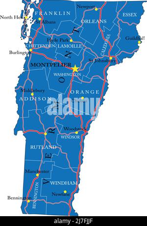 Detaillierte Karte des Bundesstaates Vermont, im Vektorformat, mit Landesgrenzen, Straßen und großen Städten. Stock Vektor