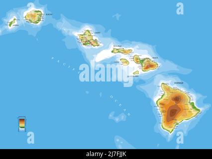 Sehr detaillierte physische Karte der Hawaii-Inseln, im Vektorformat, mit allen Reliefformen, Straßen, Regionen und großen Städten. Stock Vektor