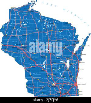 Detaillierte Karte des Staates Wisconsin, im Vektorformat, mit Landesgrenzen, Straßen und großen Städten. Stock Vektor