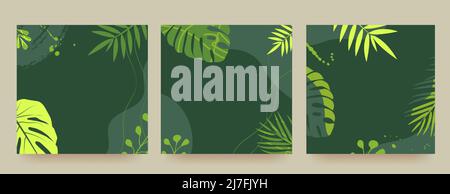 Set von Werbebannern mit tropischen Blättern, Pflanzen und trendigen Blumenmustern. Tropischer Sommer. Ankündigung einer neuen Kollektion, Rabatte auf sie Stock Vektor