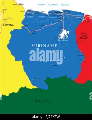 Suriname sehr detaillierte Vektorkarte mit Verwaltungsregionen, Hauptstädten und Straßen. Stock Vektor