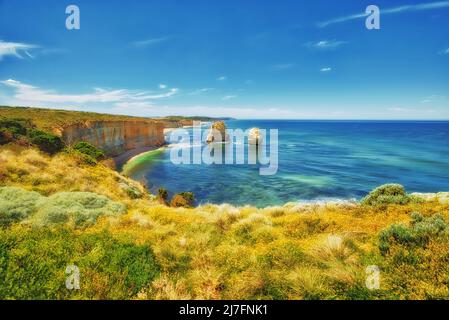 Die Kalksteinstapel am Gibsons Beach, in der Nähe von Port Campbell, Shipwreck Coast, Great Ocean Road, Victoria, Australien Stockfoto