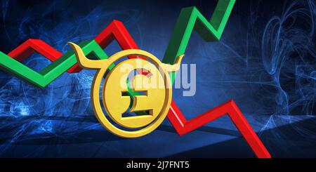 3D Darstellung des währungssymbols des gbp. Aktientabelle des britischen Pfunds auf abstraktem blauem Hintergrund. Bärischer Markttrend Stockfoto