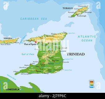 Sehr detaillierte physische Karte der Trinidad und Tobago Inseln, im Vektorformat, mit allen Reliefformen, Regionen und großen Städten. Stock Vektor