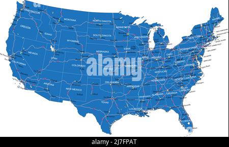 USA sehr detaillierte Vektorkarte mit Verwaltungsregionen, Hauptstädten und Straßen. Stock Vektor