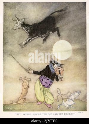 Hey! diddle, Diddle, die Katze und die Geige, die Kuh sprang über den Mond ; der kleine Hund lachte, um solchen Sport zu sehen, und das Gericht lief weg mit dem Löffel von ' Mother Goose die alten Kinderreime ' illustriert von Arthur Rackham, Veröffentlicht in 1913 Stockfoto