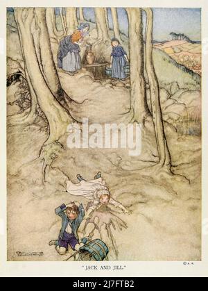 Jack und Jill gingen den Hügel hinauf, um einen Eimer Wasser zu holen; Jack fiel nieder und brach seine Krone, und Jill taumelte nach „Mother Goose the old Nursery Rhymes“, illustriert von Arthur Rackham, Veröffentlicht 1913 Stockfoto