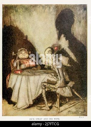 Jack Sprat konnte kein Fett essen, seine Frau konnte kein mageres Essen, und so, zwischen ihnen beiden, leckten sie die Platte sauber von ' Mother Goose die alten Kinderreime ' illustriert von Arthur Rackham, Veröffentlicht in 1913 Stockfoto