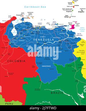 Sehr detaillierte Vektorkarte von Venezuela mit Verwaltungsregionen, Hauptstädten und Straßen. Stock Vektor