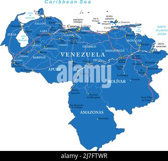 Sehr detaillierte Vektorkarte von Venezuela mit Verwaltungsregionen, Hauptstädten und Straßen. Stock Vektor