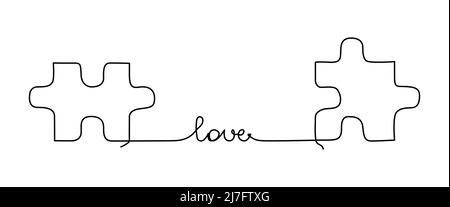 Zwei Puzzleteile, die mit einer Linie und einem Herzen verbunden sind. Kontinuierliche Linienzeichnung für Beziehungskonzept oder Datierung Stock Vektor