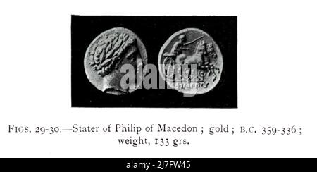 Stater von Philip von Macedon ; Gold ; 359-336 v. Chr. ; Gewicht, 133 grs aus dem Buch "Eine kurze Geschichte der Münzen und Währung : in zwei Teilen" von Sir John Lubbock, Erscheinungsdatum 1902 Verlag New York : Dutton Stockfoto