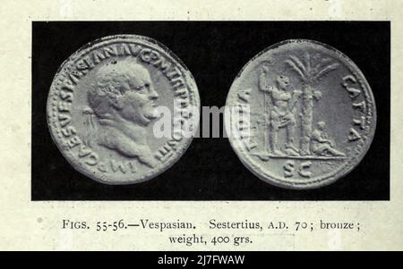 Vespasian. Sestertius, 70 n. Chr.; Bronze; Gewicht, 400 grs aus dem Buch "Eine kurze Geschichte der Münzen und Währung: In zwei Teilen" von Sir John Lubbock, Erscheinungsdatum 1902 Verlag New York : Dutton Stockfoto