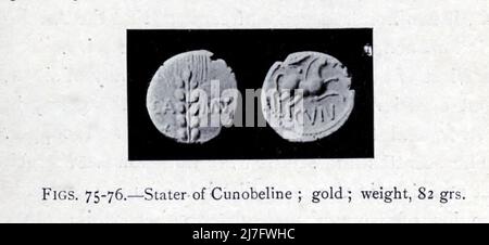 Stater of Cunobeline ; Gold ; Gewicht, 82 grs aus dem Buch "Eine kurze Geschichte der Münzen und Währung : in zwei Teilen" von Sir John Lubbock, Erscheinungsdatum 1902 Verlag New York : Dutton Stockfoto
