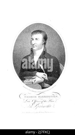 Porträt von George Barrington aus dem Buch "Ein Bericht über eine Reise nach New South Wales" von George Barrington, 1755-1804. Erscheinungsdatum 1803 Verlag London : M. Jones. George Barrington (14. Mai 1755 – 27. Dezember 1804) war ein in Irland geborener Taschendiebe, populärer Londoner Sozialite, australischer Pionier (nach seinem Transport nach Botany Bay) und Autor. Seine Eskapaden, Verhaftungen und Prozesse wurden in der Londoner Presse seiner Zeit ausführlich berichtet. Über ein Jahrhundert nach seinem Tod, Stockfoto