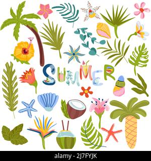 Set aus tropischen Sommerelementen, Palmen, exotischen Früchten, Muscheln, kühlenden Cocktails, Und andere. Sommerlicher Schriftzug. Vektorgrafik. Stock Vektor