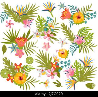 Set von niedlichen Sommer Kompositionen, tropische Blätter und exotische Blumen andere perfekt für Postkarte, Scrapbooking, Beach Party. Heiße Jahreszeit. Vektorgrafik. Stock Vektor