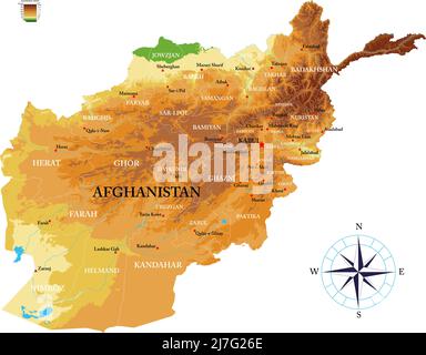 Hoch detaillierte physische Karte von Afghanistan, im Vektorformat, mit allen Reliefformen, Regionen und großen Städten. Stock Vektor